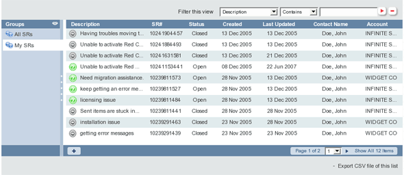 Screen shot of the My SRs list