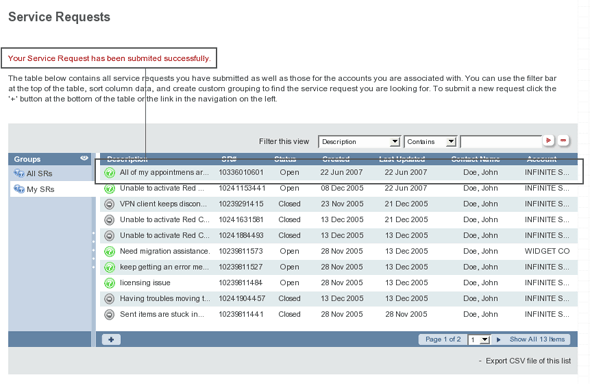 Screen shot of successful SR submission