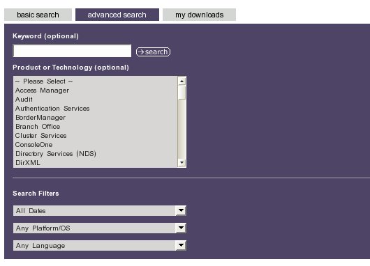 Image of advanced search box on download.novell.com